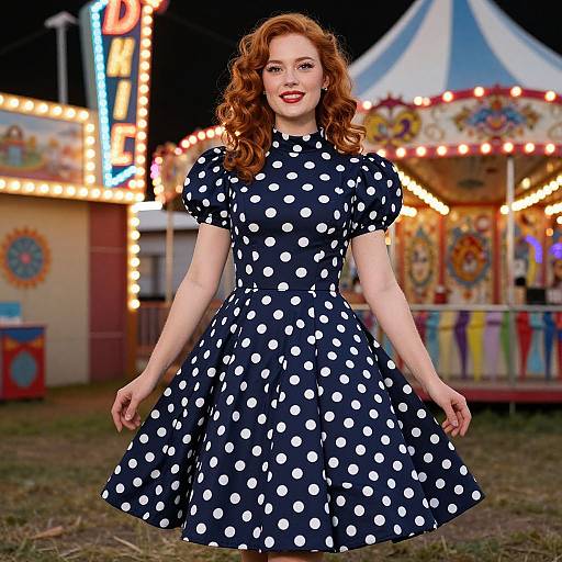 Photograph of a smiling red-haired woman in a navy blue polka dot dress at a brightly lit carnival, with a colorful carousel in the background.