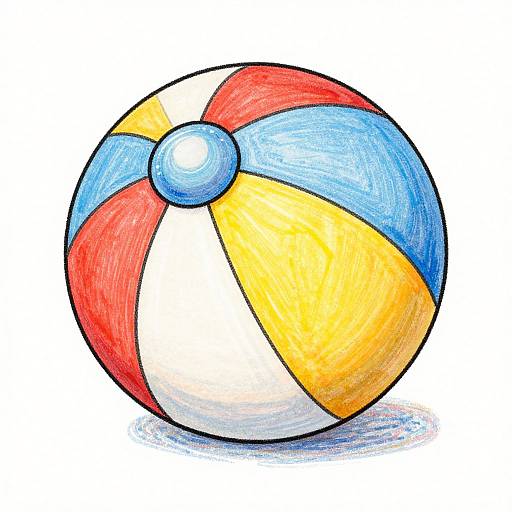Colorful beach ball with red, blue, yellow, and white segments, drawn in a textured, hand-drawn style with vibrant colors.