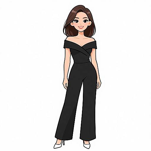 Digital anime-style drawing of a smiling woman with shoulder-length brown hair, wearing an off-shoulder black jumpsuit and white heels, standing against a