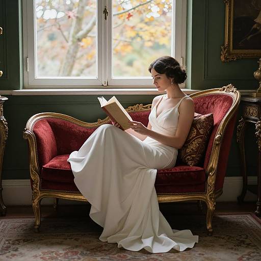 Photograph of a woman in a white, sleeveless, floor-length gown reading a book on an ornate, red velvet, gold-framed chair