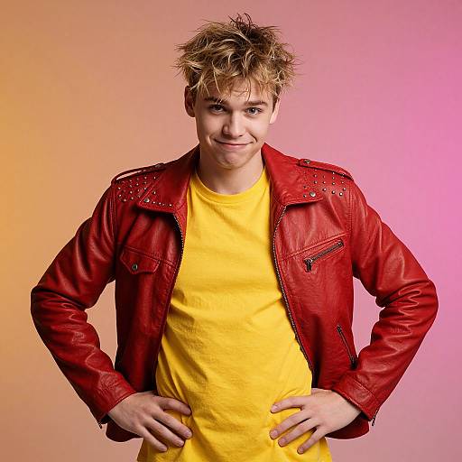 Photograph of a young boy with spiky blonde hair, wearing a red leather jacket with studs, and a yellow shirt, standing against a pink and