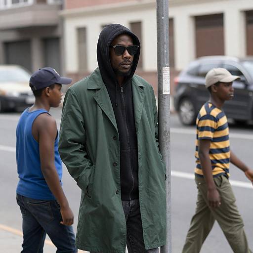Street Scene with Hooded Man and Boys Walking