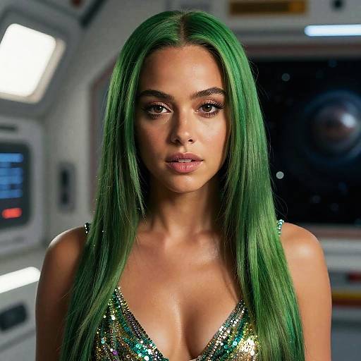 Photograph of a woman with long, straight green hair, wearing a sequined, low-cut top, in a futuristic, sci-fi spaceship interior.