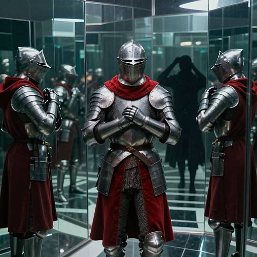 Photograph of a knight in full silver armor with a red cape, hands clasped, reflected in glass panels, in a modern, dimly lit
