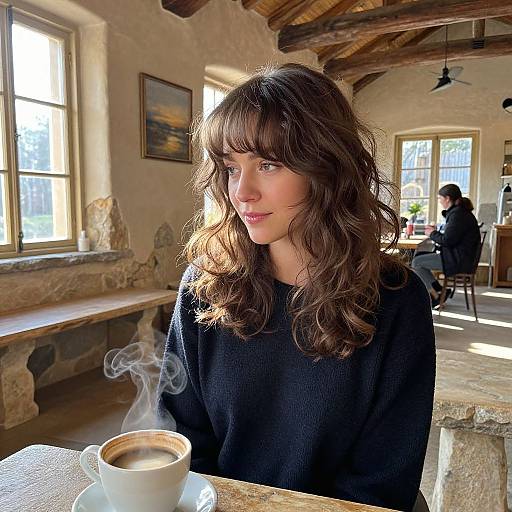Photograph of a young woman with wavy brown hair, wearing a black sweater, sipping steaming coffee in a sunlit rustic café. Wooden