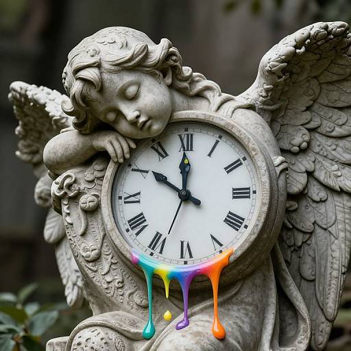 Photograph of a gray angel statue with closed eyes, leaning on a clock face, with colorful paint drips on the bottom.