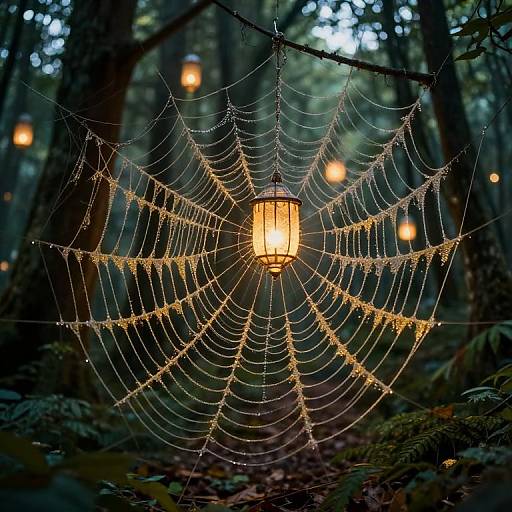 Photograph of a glowing spiderweb lantern in a dark forest, illuminated by warm orange lights, with blurred trees in the background.