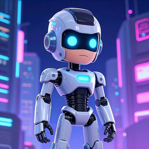 CGI image of a futuristic white robot with blue glowing eyes, standing in a neon-lit cityscape at night.