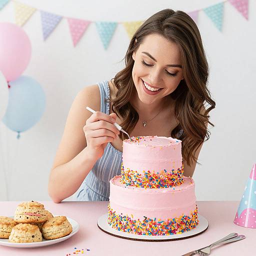 Photograph of smiling brunette woman with wavy hair, wearing blue sleeveless top, cutting into pink, multi-tiered, sprinkled birthday cake,