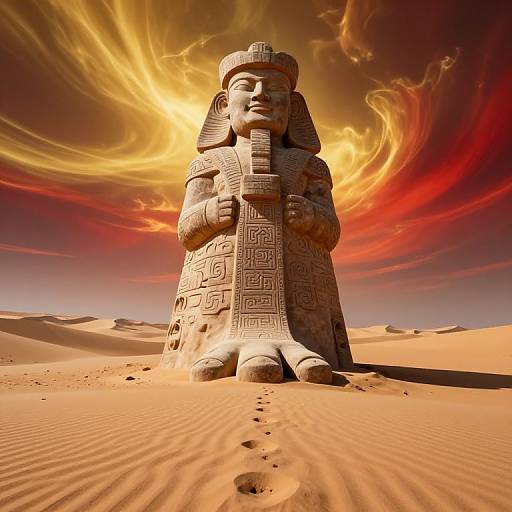 Photorealistic CGI of an ancient Egyptian stone statue holding a staff, standing in a sunlit desert with swirling, fiery clouds.