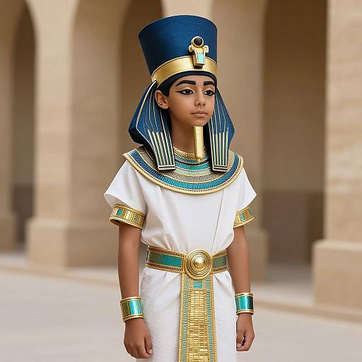  CGI image of an Egyptian boy in traditional attire: white tunic, blue and gold headdress, striped collar, gold and turquoise accessories, standing in