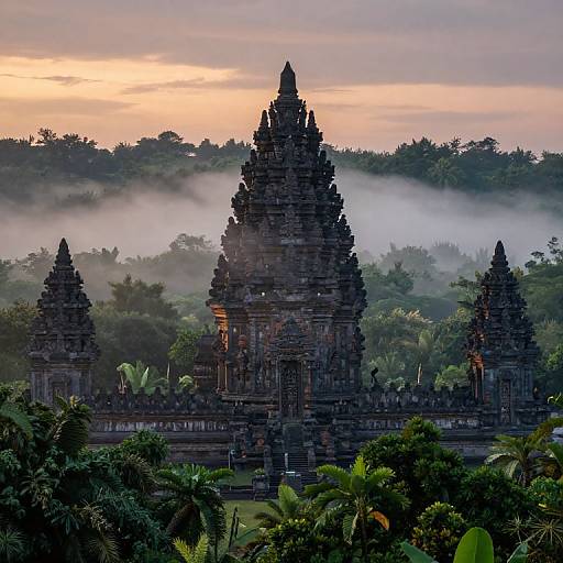 Photograph of ancient, dark stone Balinese Hindu temples silhouetted against a misty sunrise, surrounded by lush greenery and trees.