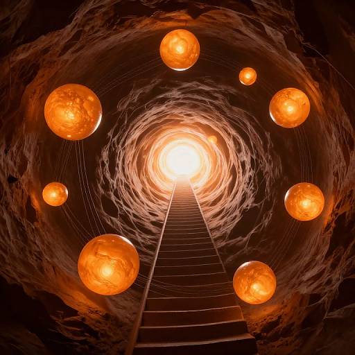 Digital artwork of a spiraling tunnel with a bright, glowing light at the center, surrounded by floating, orange, celestial orbs. A dark, metallic