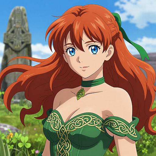 Digital anime-style drawing of a red-haired woman with blue eyes, wearing a green, off-shoulder, ornate dress, and green choker