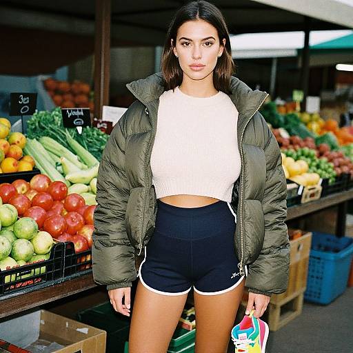 Photograph of a young woman with straight brown hair, wearing a green puffer jacket, white crop top, and black shorts, standing in a vibrant