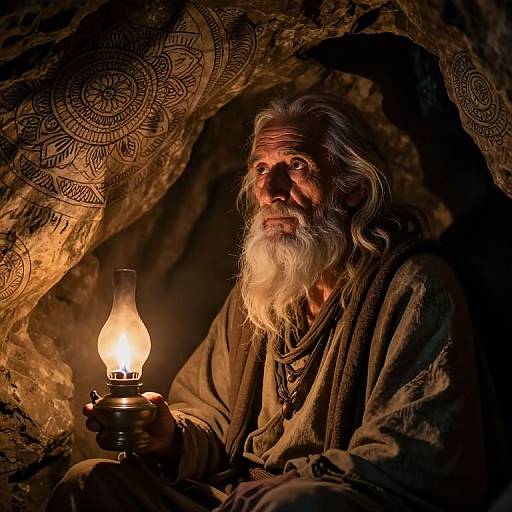 Photograph of an elderly man with white beard, wearing rustic clothing, holding a lit lantern in a cave with intricate rock patterns. Warm, dim lighting