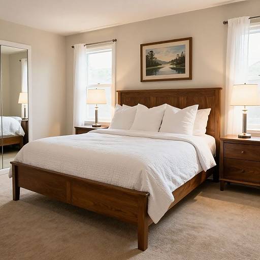 Photograph of a cozy bedroom with a wooden bed, white linens, two bedside lamps, framed landscape painting, and mirrored closet door.