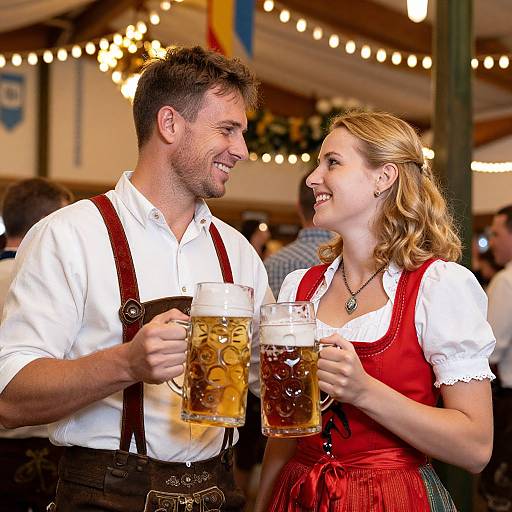 Photograph of a smiling couple in traditional Oktoberfest attire, holding beer mugs, in a festive, string-lit indoor setting.