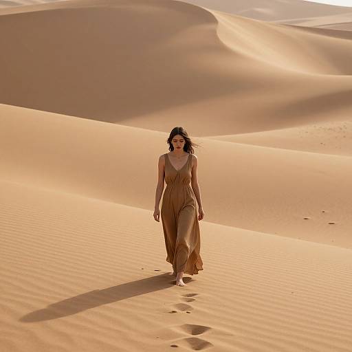 Photograph of a woman in a flowing, beige dress walking through sunlit, rippled sand dunes, casting a long shadow.