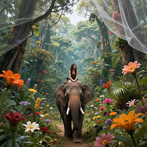 Photograph of a woman with long black hair riding an elephant through a vibrant, colorful jungle garden with tall trees, lush foliage, and multicolored