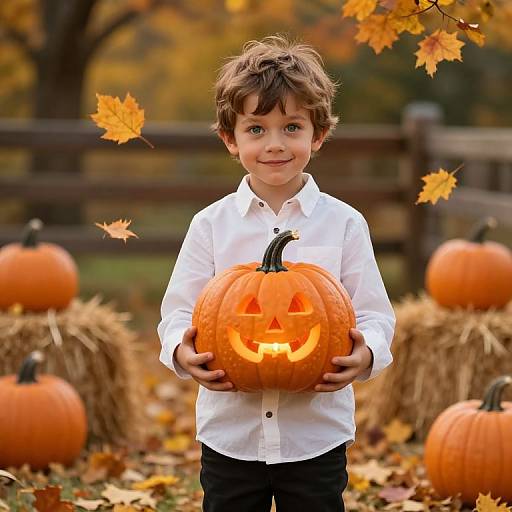 Boy with Glowing Pumpkin in Autumn