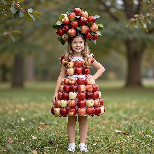Photograph of a smiling young girl in a dress made of red and yellow apples, topped with a headdress of apples and leaves, standing in a