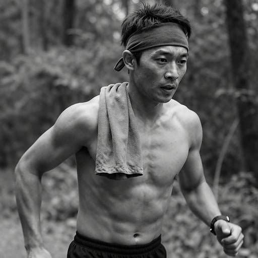 Dynamic Forest Run: Asian Man in Motion
