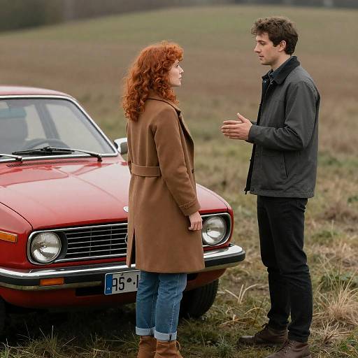 Vintage Car Encounter on Grassy Terrain