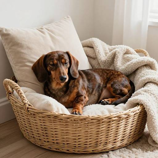 Photograph of a brown and black dachshund lying in a wicker basket with beige pillows and a white, fluffy blanket. Sunlight streams