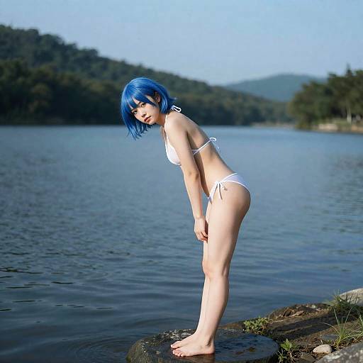 Photorealistic Blue-Haired Girl by Lake