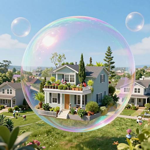 Photorealistic digital rendering of a suburban house with a large, glowing bubble in the foreground, surrounded by lush greenery and other houses under a bright