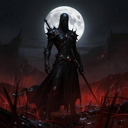 Dark, silhouetted warrior with spiked armor and long cloak stands before a bright full moon, surrounded by red-tinted, eerie landscape.