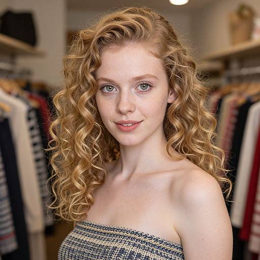 Photograph of a fair-skinned, red-haired woman with curly hair, blue eyes, and freckles, wearing a strapless, patterned