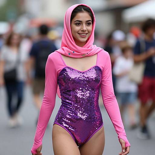 Photograph of a smiling young woman with medium brown skin, wearing a pink hooded top and shimmering purple sequin leotard, walking in