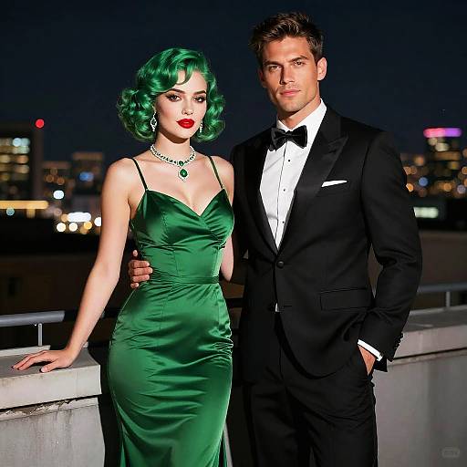 Stylish Couple in Evening Attire on Rooftop at Night