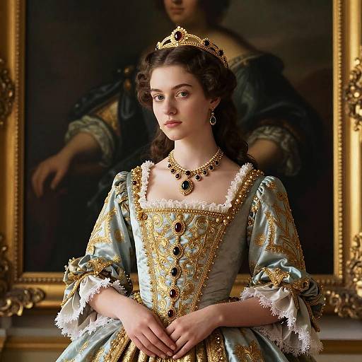 Photorealistic portrait of a young woman in ornate, gold-embroidered, teal dress with lace trim, wearing a jeweled tiara