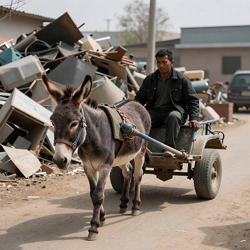 Man and Donkey in a Junkyard Scene
