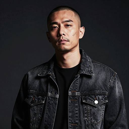 Photograph of a young Asian man with short hair, light skin, and a mustache, wearing a black denim jacket over a black shirt, against