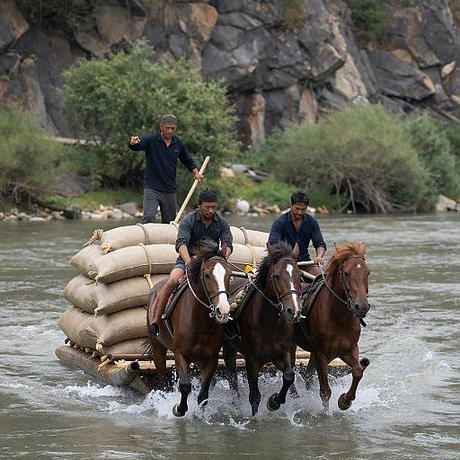Men and Horses Crossing River on Raft