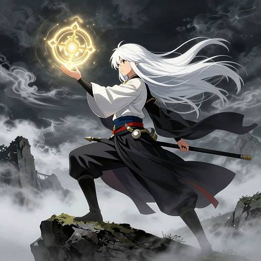Anime-style digital illustration of a white-haired warrior with glowing magic circle, black kimono, sword, and sash, standing on a rocky cliff under