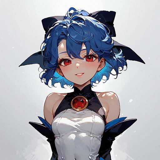 Digital anime-style drawing of a blue-haired girl with red eyes, black bow, red gem necklace, white and black dress, smiling.