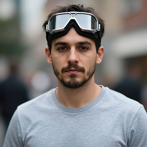 Photograph of a young man with dark hair and beard, wearing a grey shirt and VR goggles, standing in a blurred urban background.