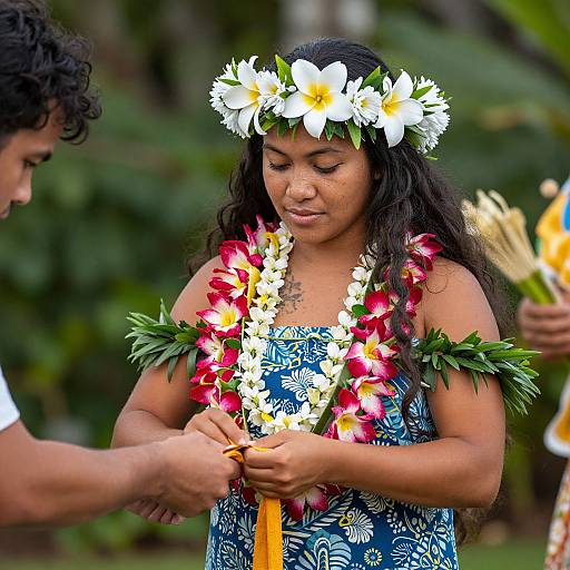 Photograph of a young Indigenous woman with dark curly hair, wearing a flower crown, blue floral dress, and red-white-yellow lei, receiving a yellow
