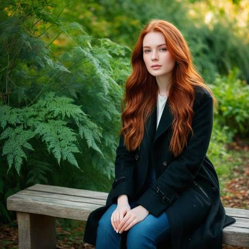 Serene Redhead Woman Sitting on Wooden Bench