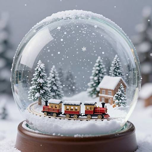 Photograph of a detailed snow globe featuring a red and yellow train, snow-covered trees, and a wooden house in a winter village setting.