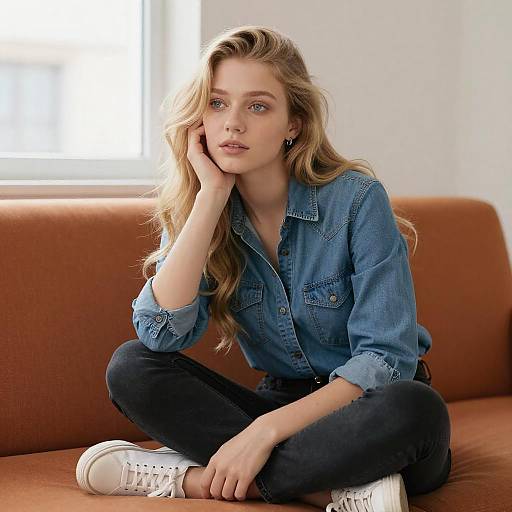 Young Woman on Orange Couch