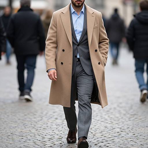 Photograph of a bearded man in a beige overcoat, gray suit, blue shirt, walking on a cobblestone street with blurred pedestrians in