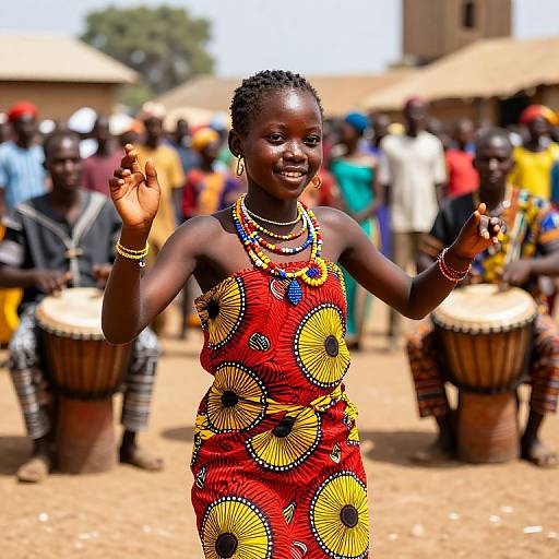 Photograph of a smiling African woman dancing in a vibrant red dress with yellow and black circular patterns, adorned with colorful beads, surrounded by drummers in