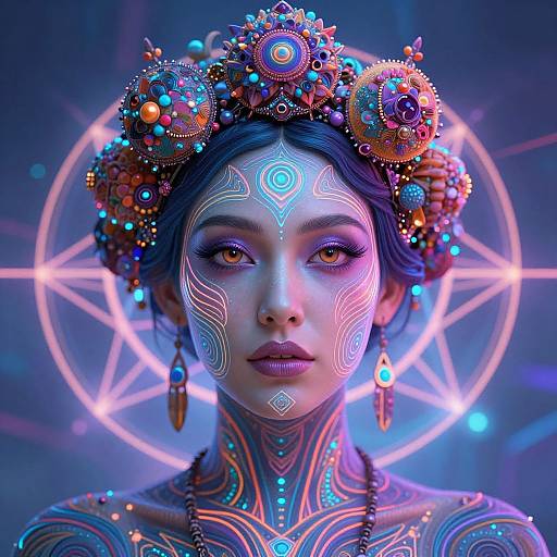 Digital art of a futuristic, glowing-eyed woman with intricate neon patterns on her face and body, wearing a vibrant, jeweled headpiece, against a