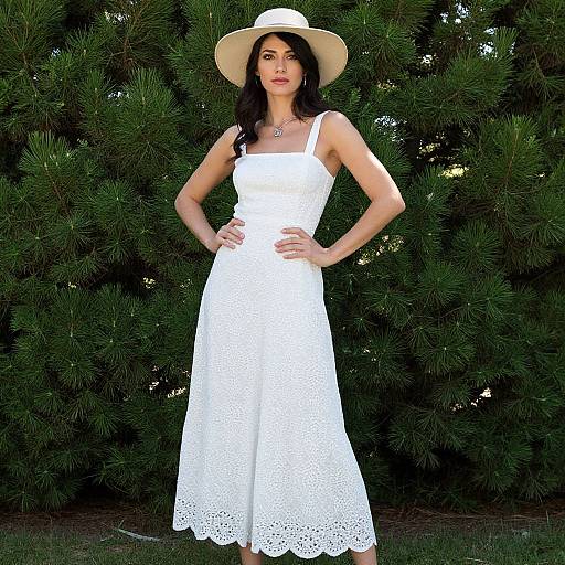 Photograph of a woman with long black hair, wearing a white lace dress and wide-brimmed hat, standing in front of green pine trees.